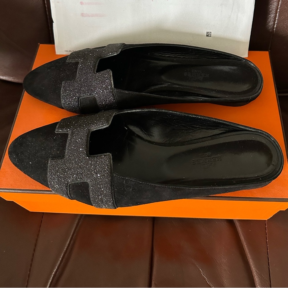 Gently Worn Hermes Pointed Toe Slide With Black S… - image 1